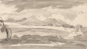 Vista sui campi verso montagne lontane, con un cottage a destra da James Ward